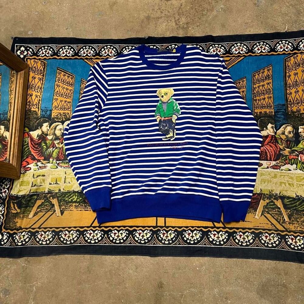 Polo Ralph Lauren polo bear sweatshirt Size large blue white stripes crewneck